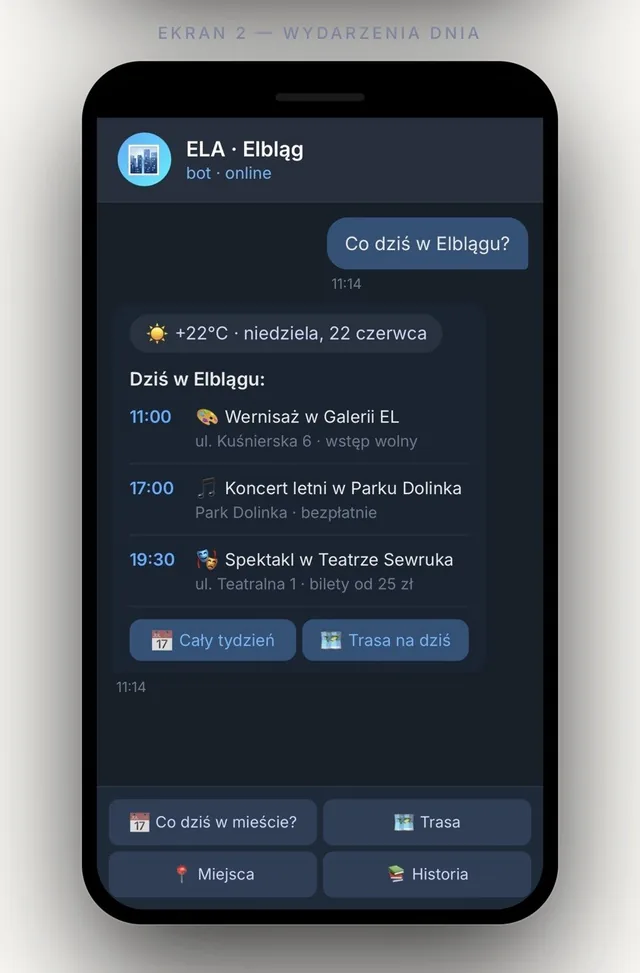 ELA City Bot concept mockup: today's events and opening hours in Elbląg
